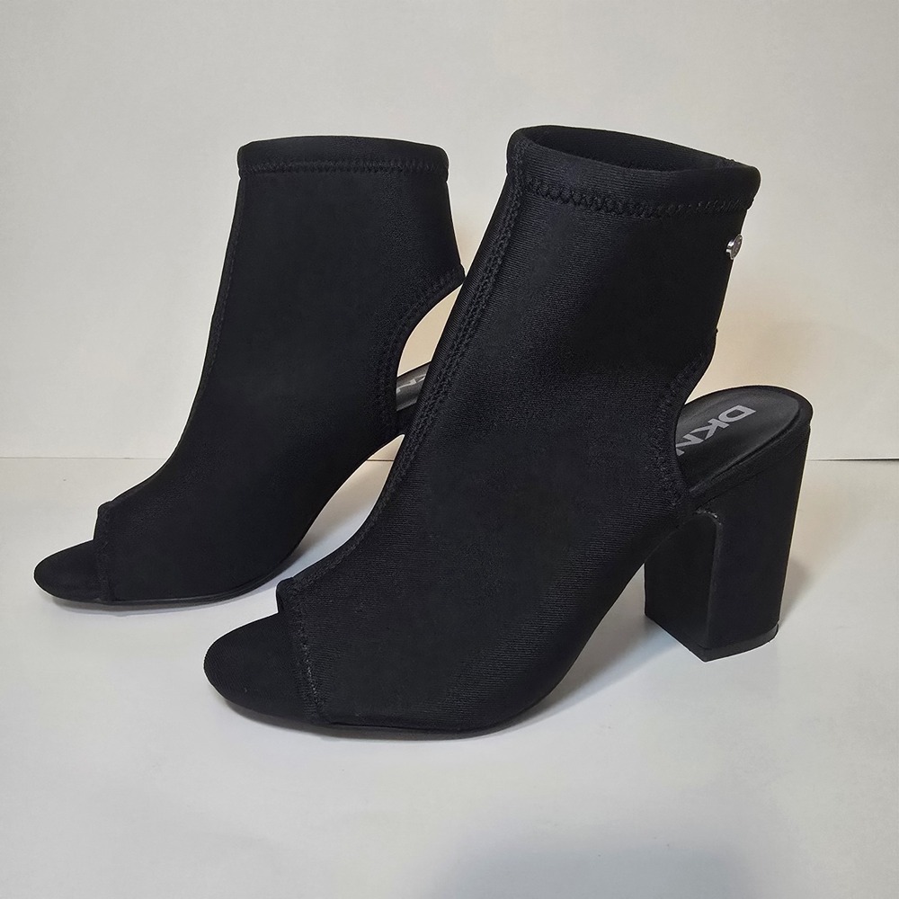 DKNY Hannah Black Stretch Sock Booties Peep Toe Block Heel Women's 7.5M
